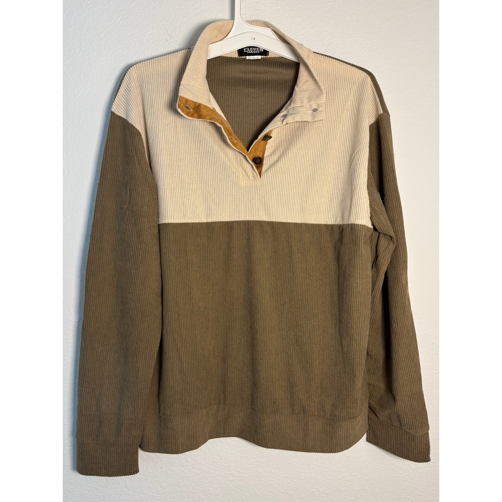 Eleven Oasis Mens Corduroy Quarter Button Pullover Colorblock Elbow Patch‎  M
